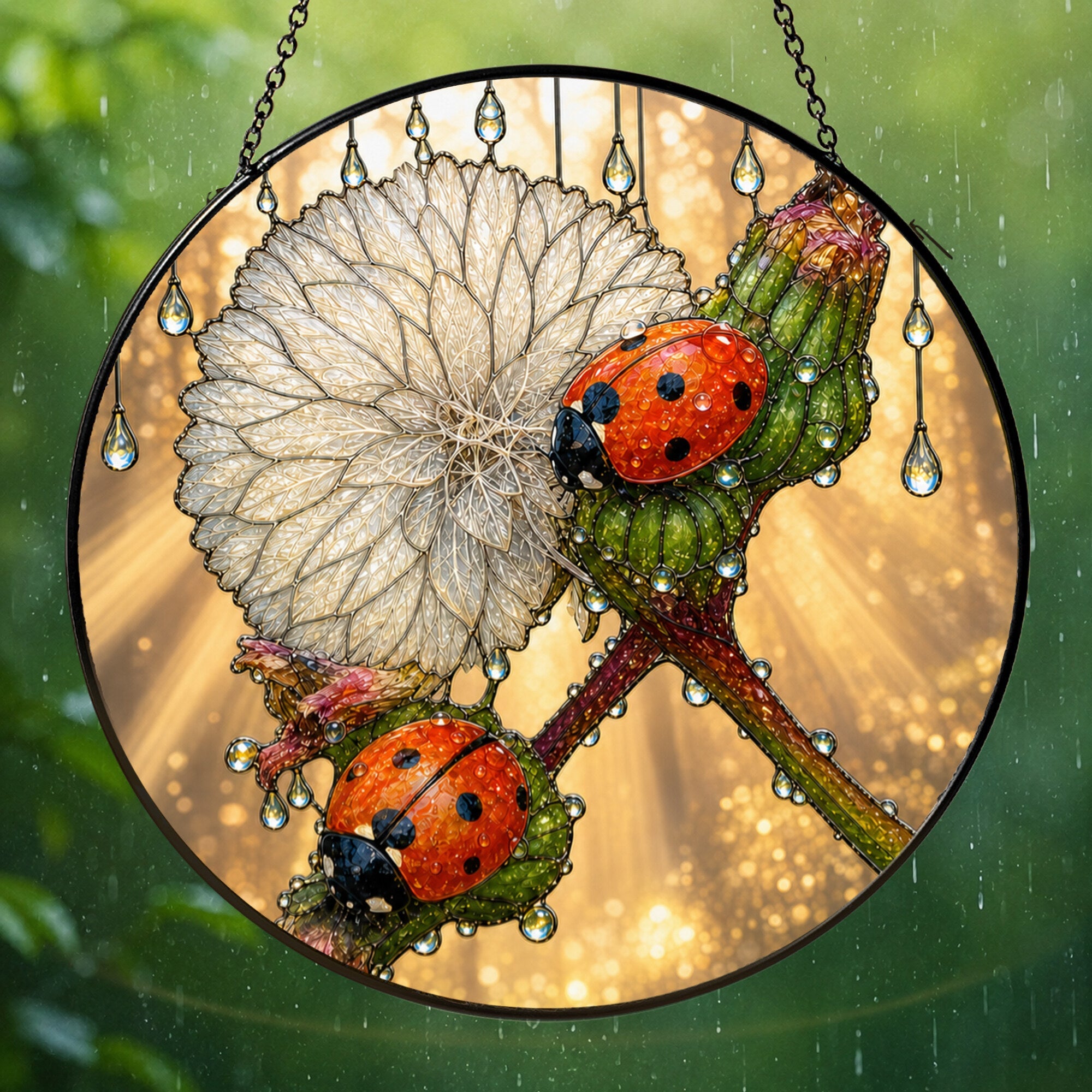Ladybugs & Dandelion Wish Stained Glass Suncatcher