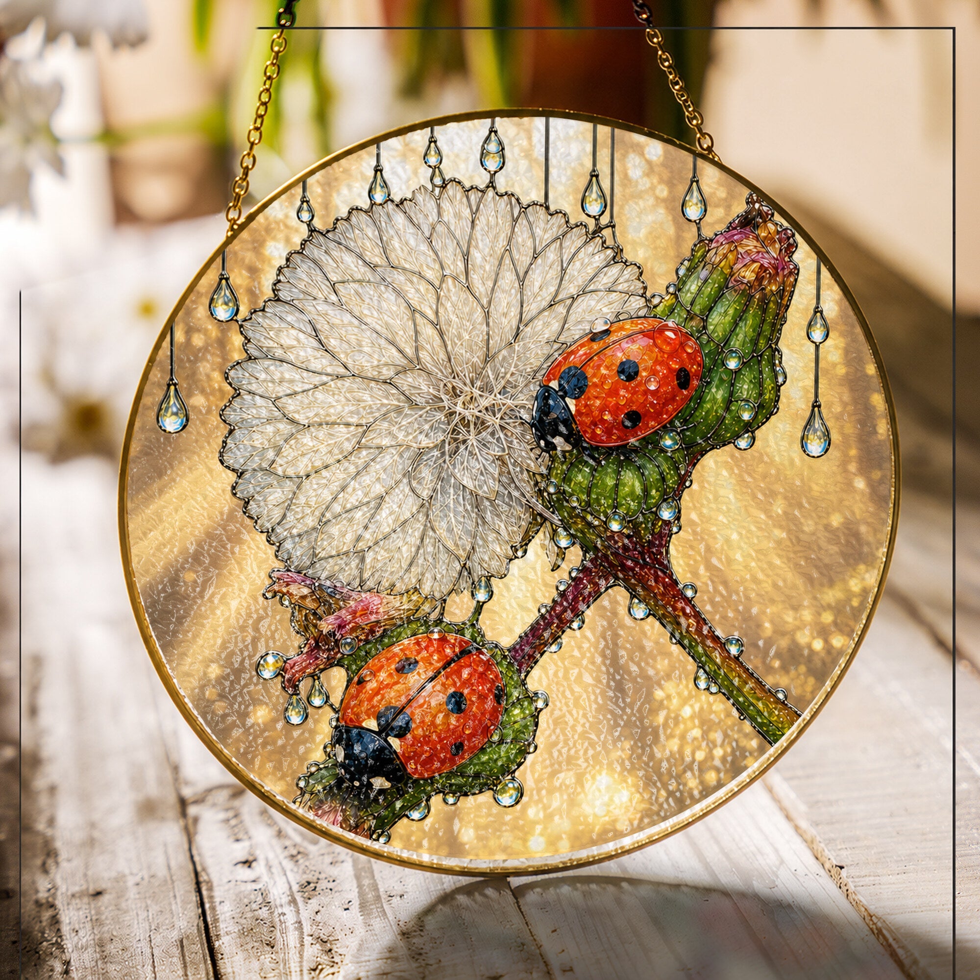 Ladybugs & Dandelion Wish Stained Glass Suncatcher