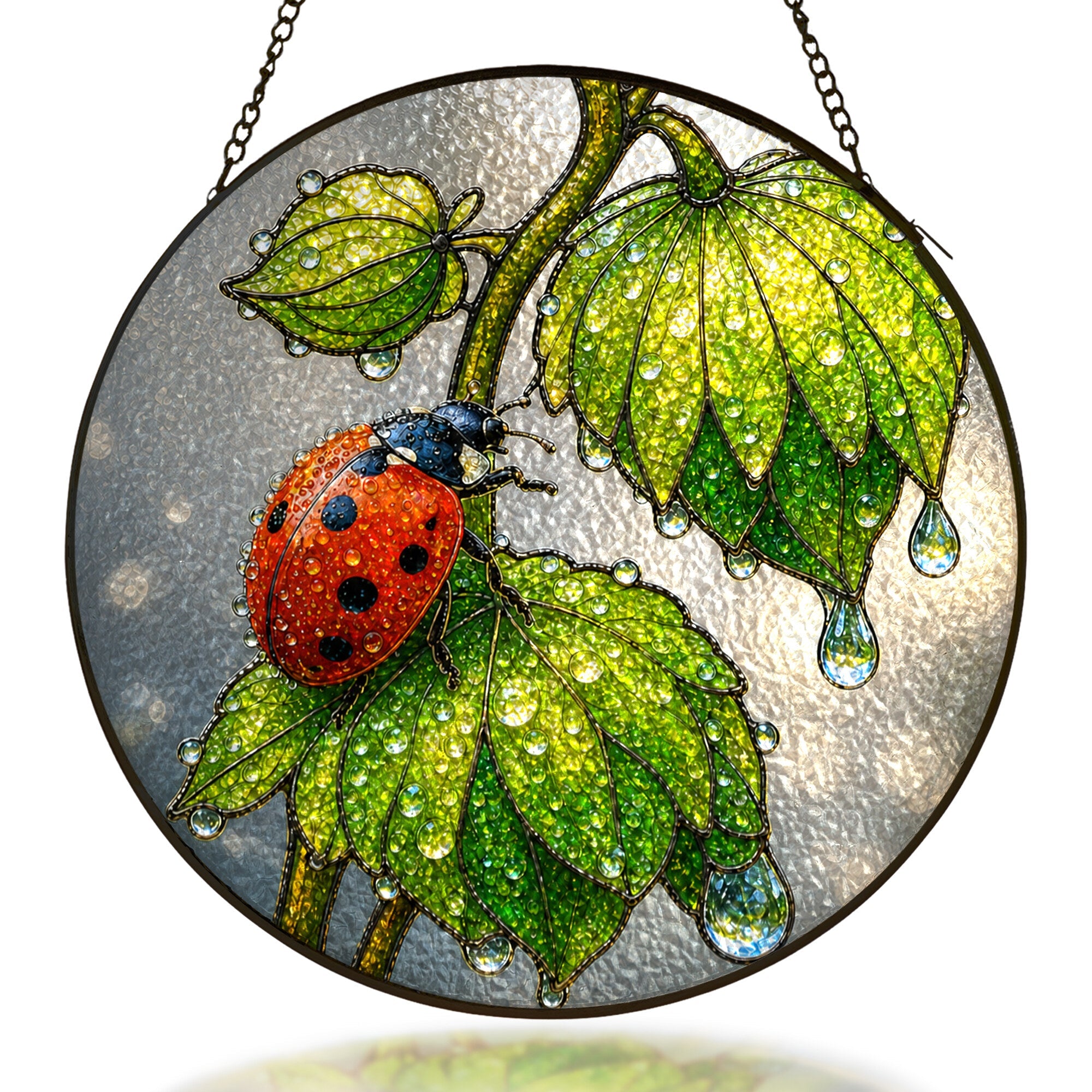 Ladybug on dewy green leaves stained glass suncatcher