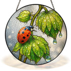 Ladybug & Dewdrop Leaves Stained Glass Suncatcher