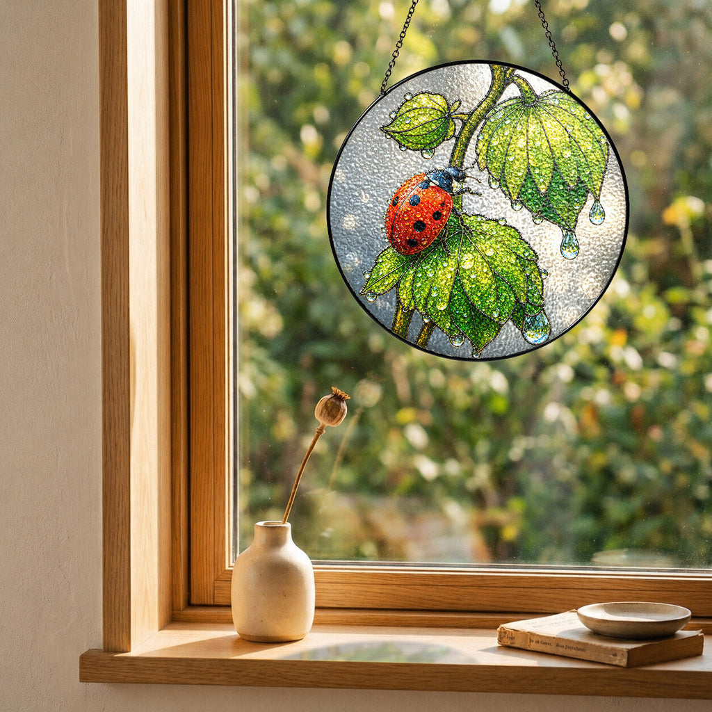 Ladybug & Dewdrop Leaves Stained Glass Suncatcher