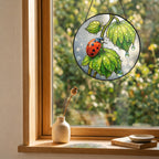 Ladybug & Dewdrop Leaves Stained Glass Suncatcher