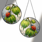Ladybug & Dewdrop Leaves Stained Glass Suncatcher