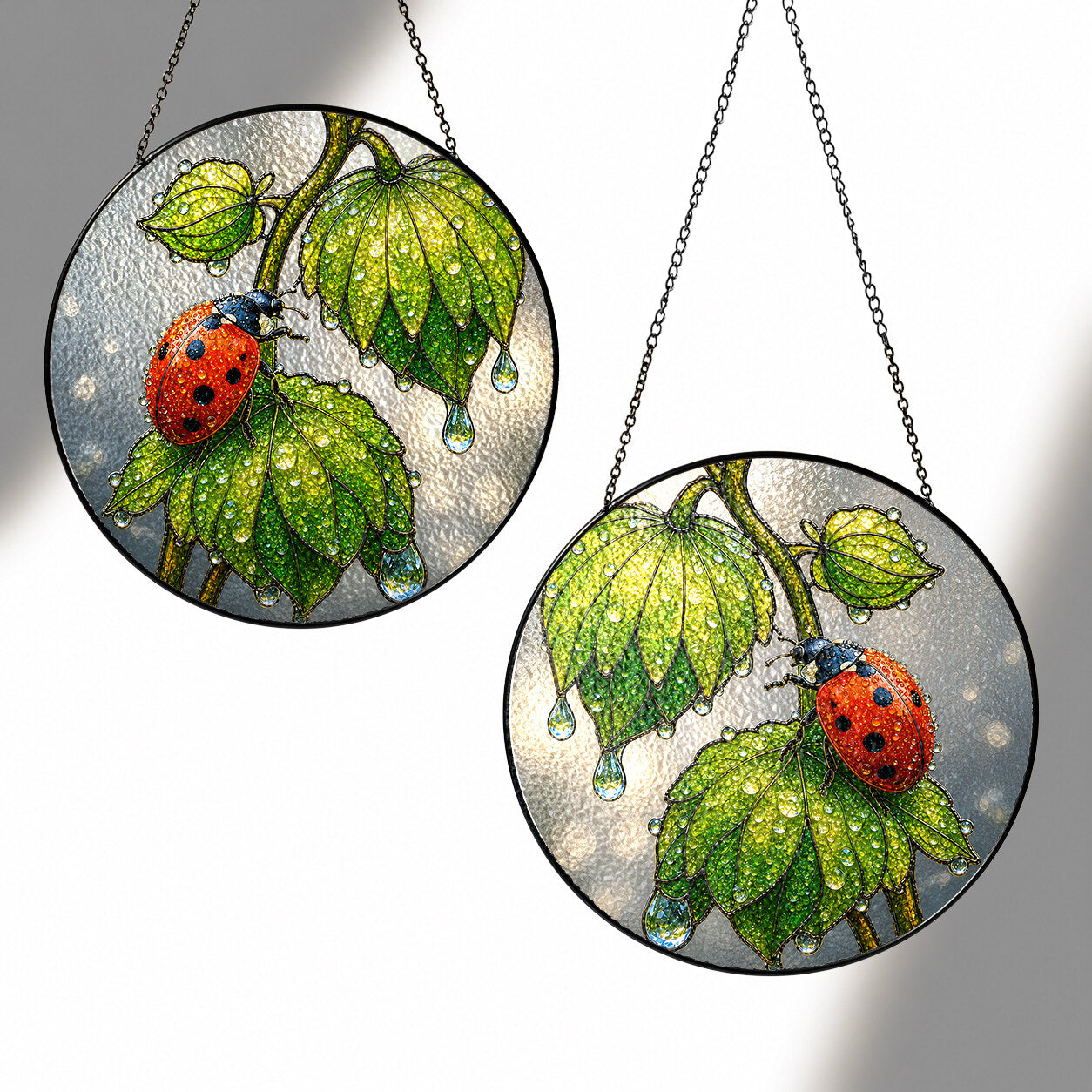 Ladybug & Dewdrop Leaves Stained Glass Suncatcher