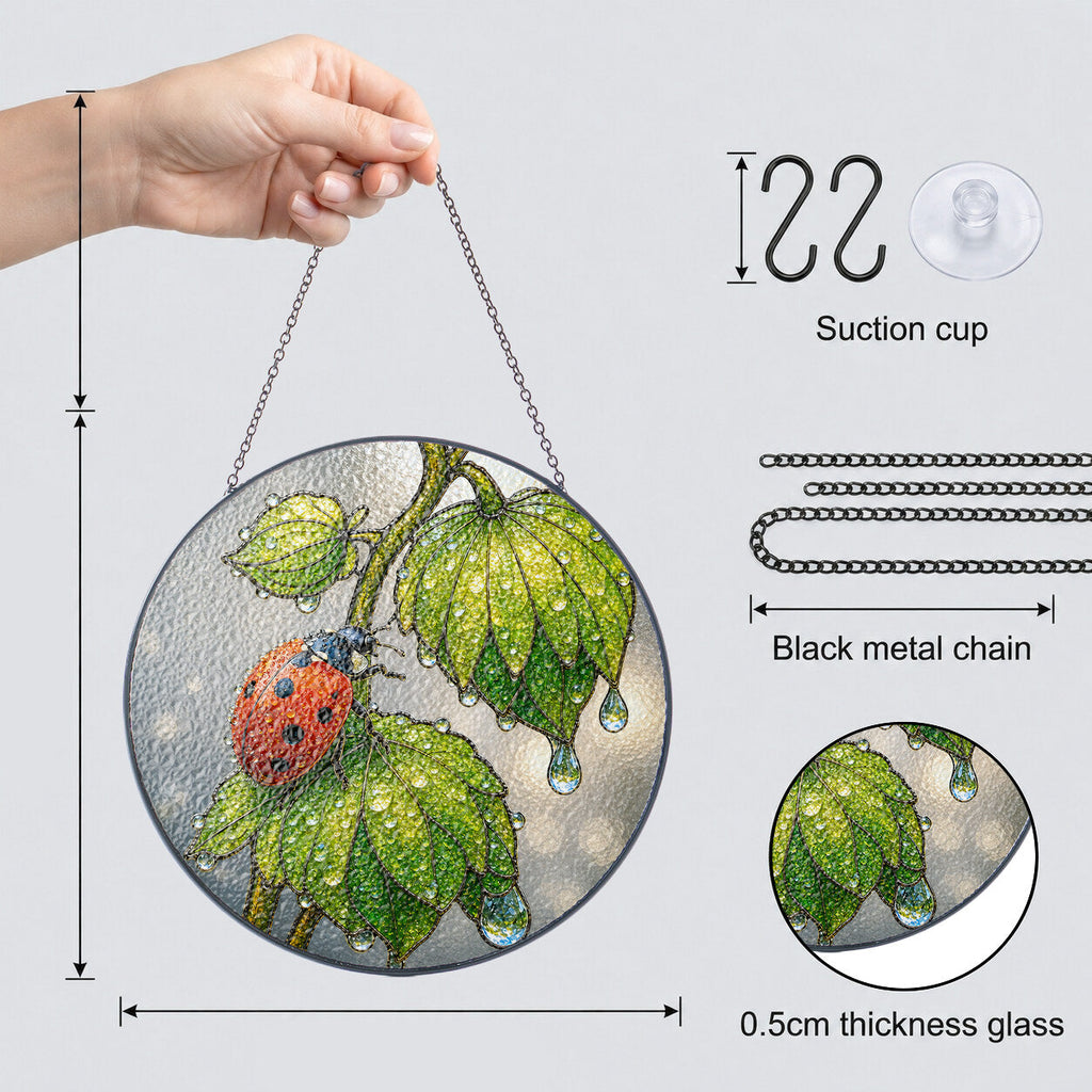 Ladybug & Dewdrop Leaves Stained Glass Suncatcher