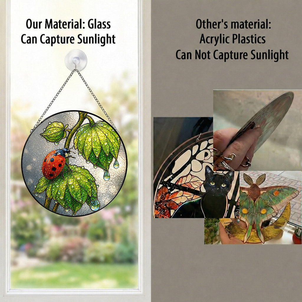 Ladybug & Dewdrop Leaves Stained Glass Suncatcher