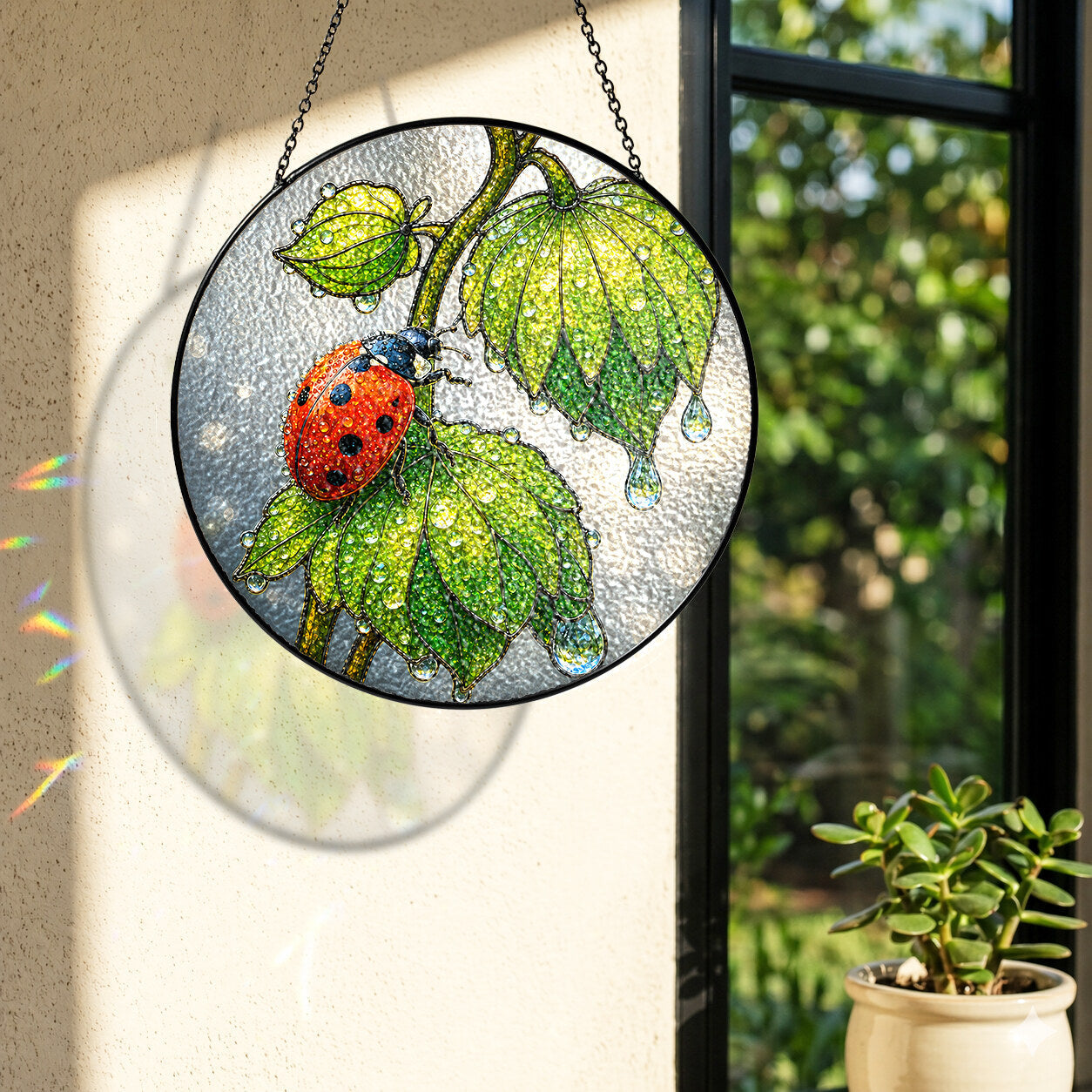 Ladybug & Dewdrop Leaves Stained Glass Suncatcher