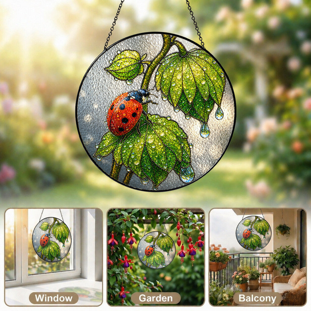 Ladybug & Dewdrop Leaves Stained Glass Suncatcher