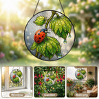 Ladybug & Dewdrop Leaves Stained Glass Suncatcher