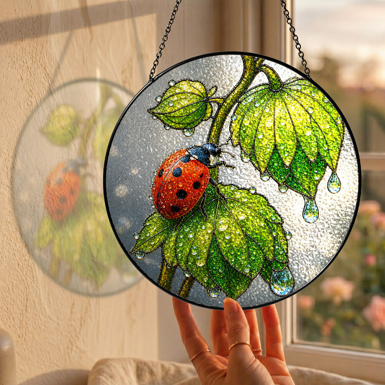 Ladybug & Dewdrop Leaves Stained Glass Suncatcher