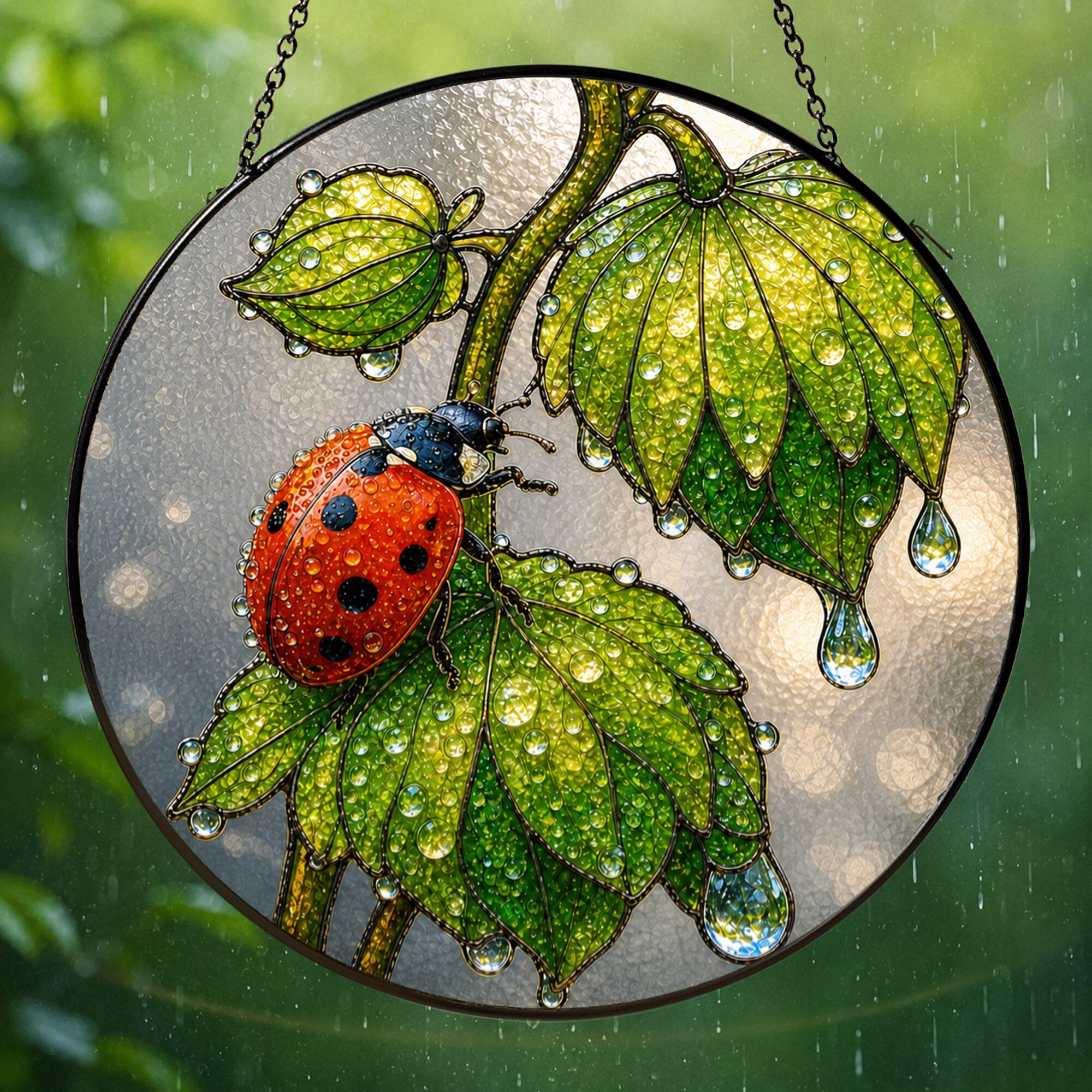 Ladybug & Dewdrop Leaves Stained Glass Suncatcher