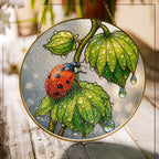 Ladybug & Dewdrop Leaves Stained Glass Suncatcher