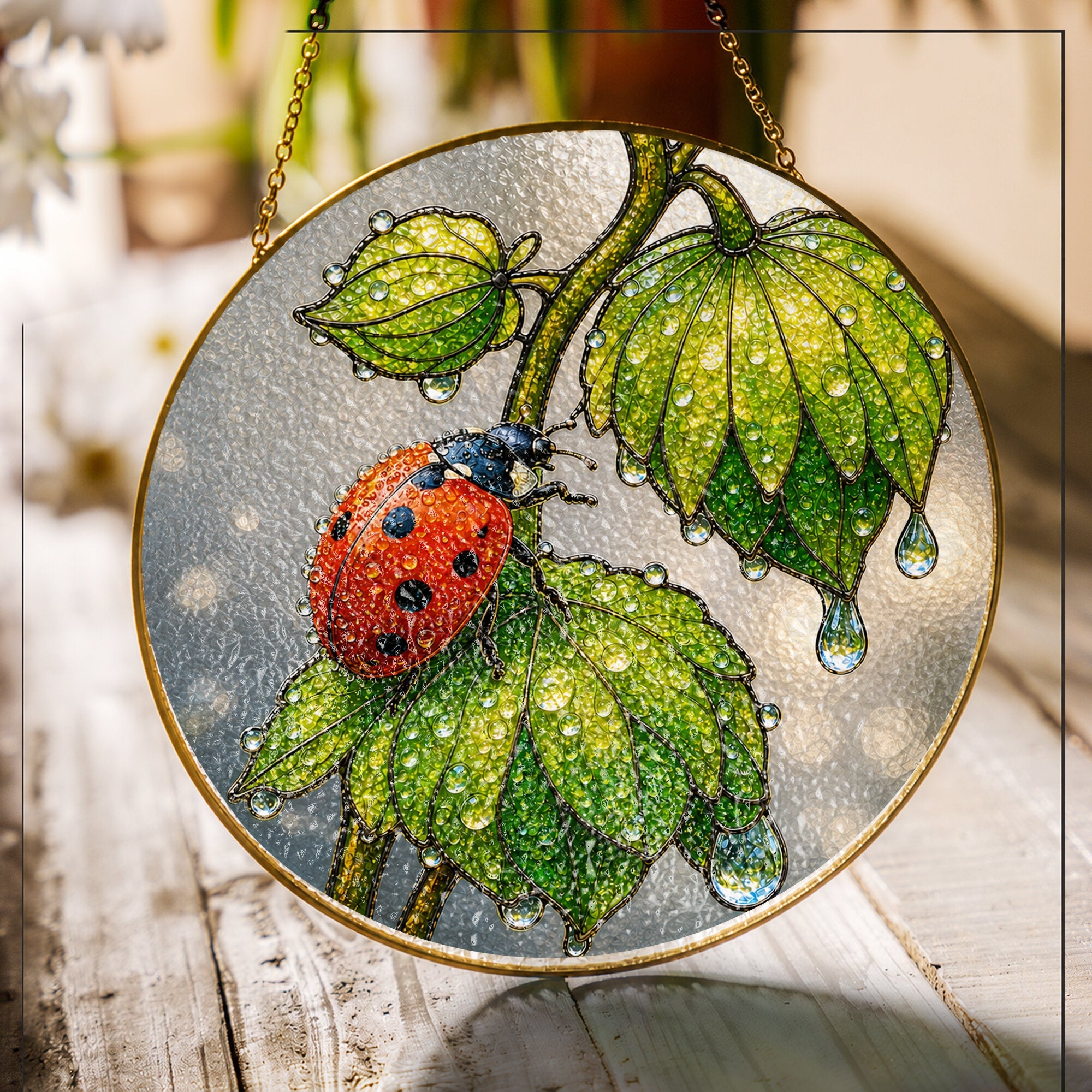 Ladybug & Dewdrop Leaves Stained Glass Suncatcher