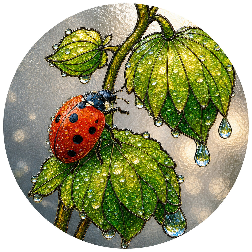 Ladybug & Dewdrop Leaves Stained Glass Suncatcher