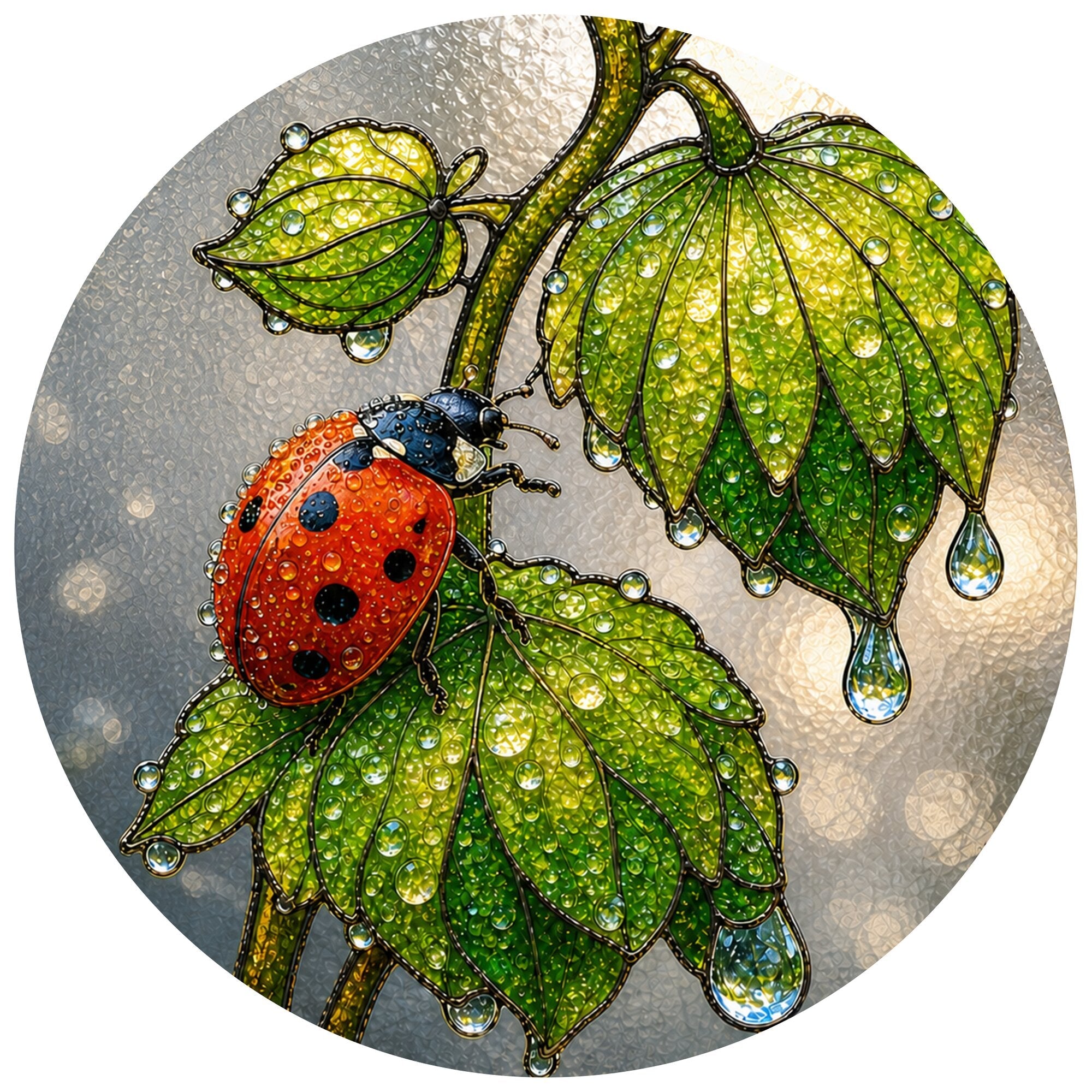 Ladybug & Dewdrop Leaves Stained Glass Suncatcher