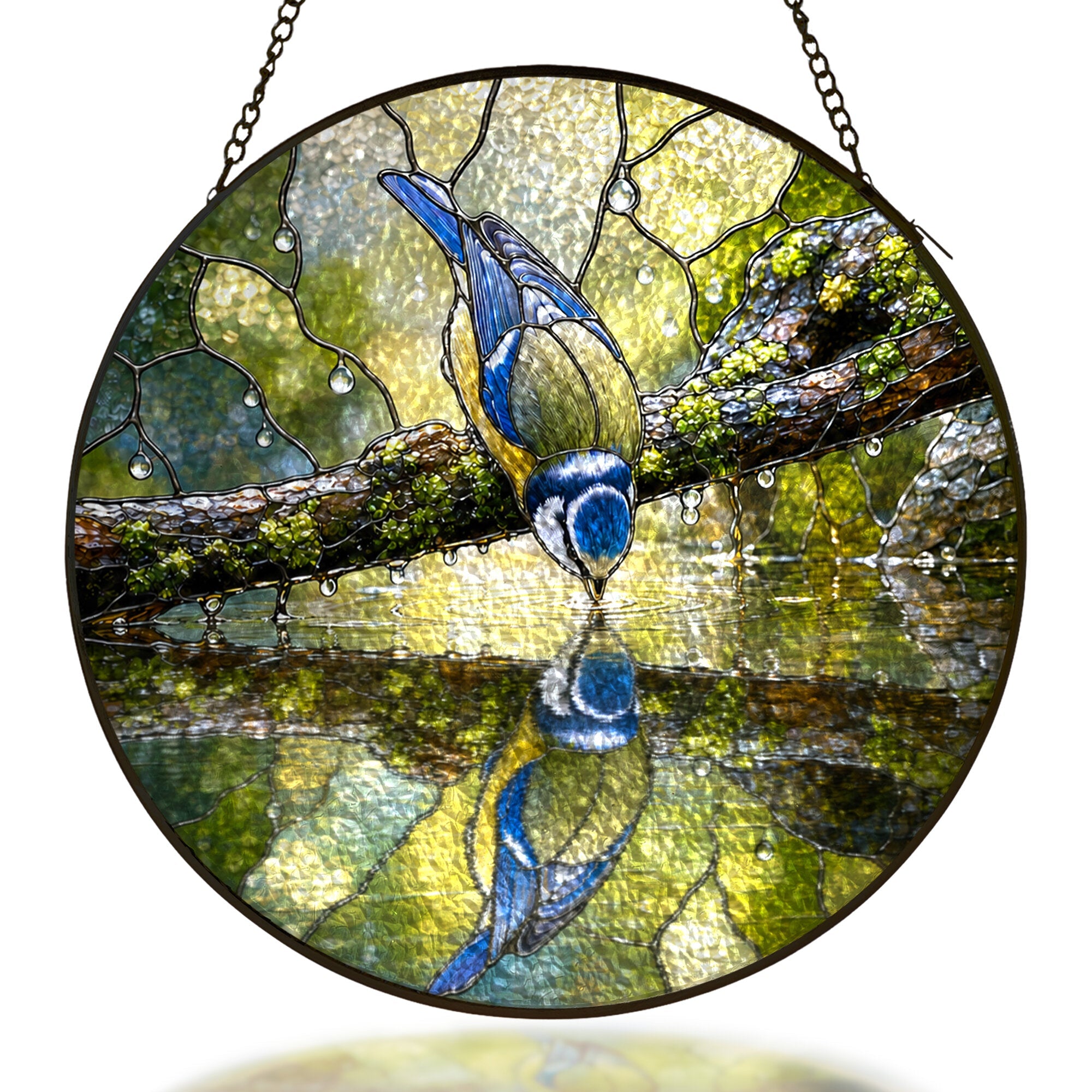 Blue tit bird and water reflection stained glass suncatcher
