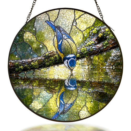 Blue tit bird and water reflection stained glass suncatcher