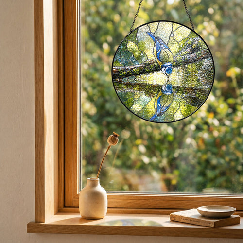 Blue Tit Reflection Stained Glass Suncatcher