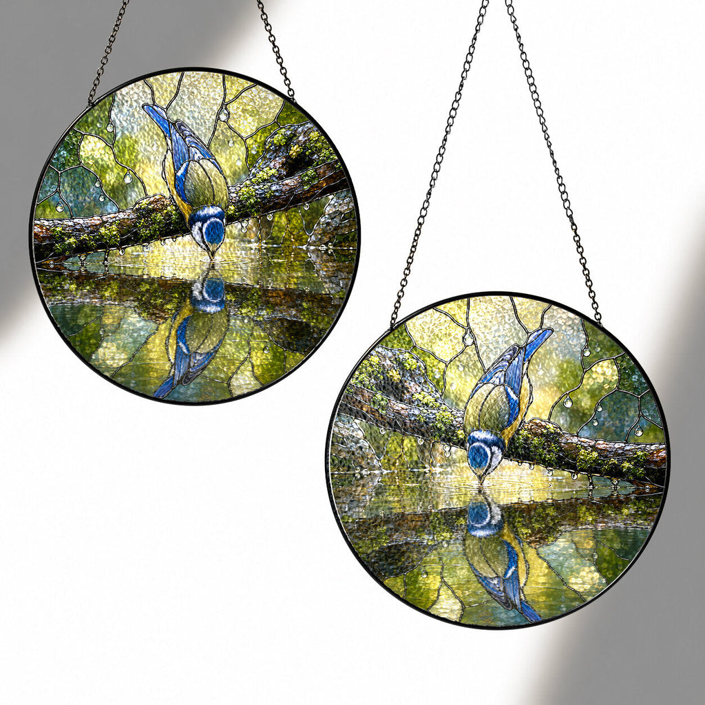 Blue Tit Reflection Stained Glass Suncatcher