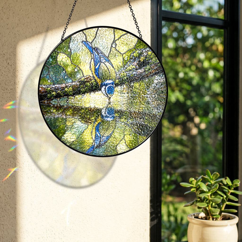 Blue Tit Reflection Stained Glass Suncatcher