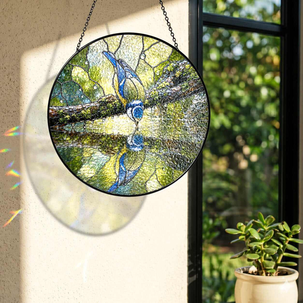 Blue Tit Reflection Stained Glass Suncatcher
