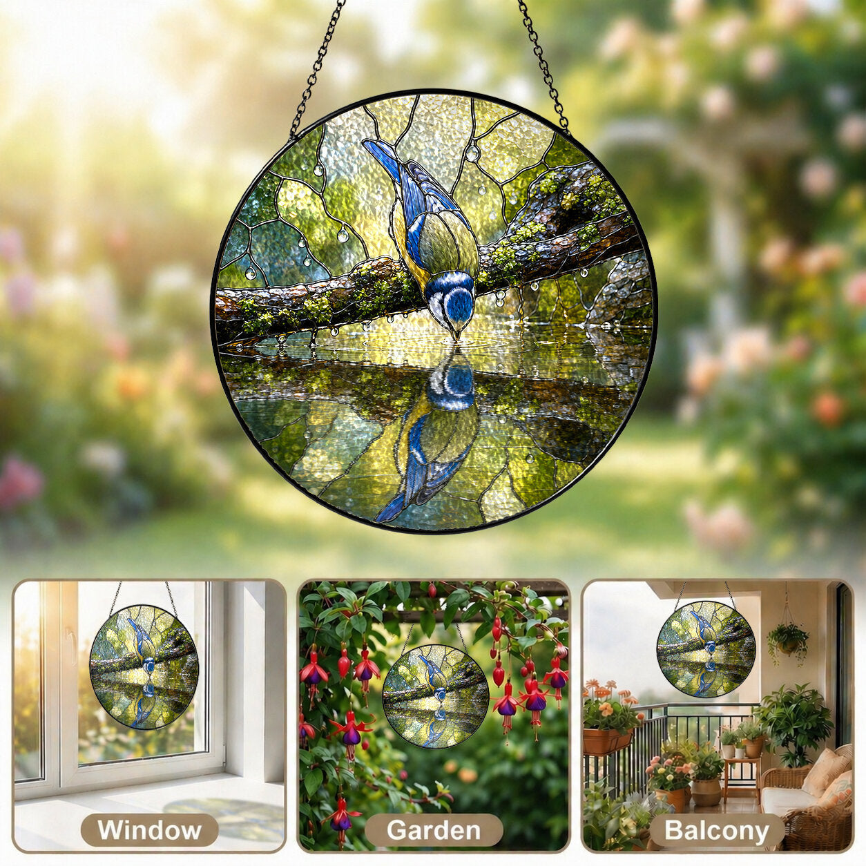 Blue Tit Reflection Stained Glass Suncatcher