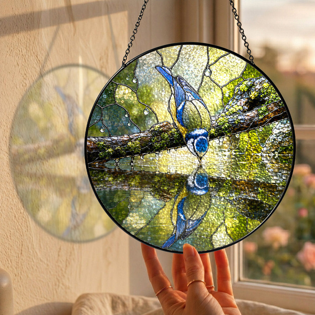 Blue Tit Reflection Stained Glass Suncatcher