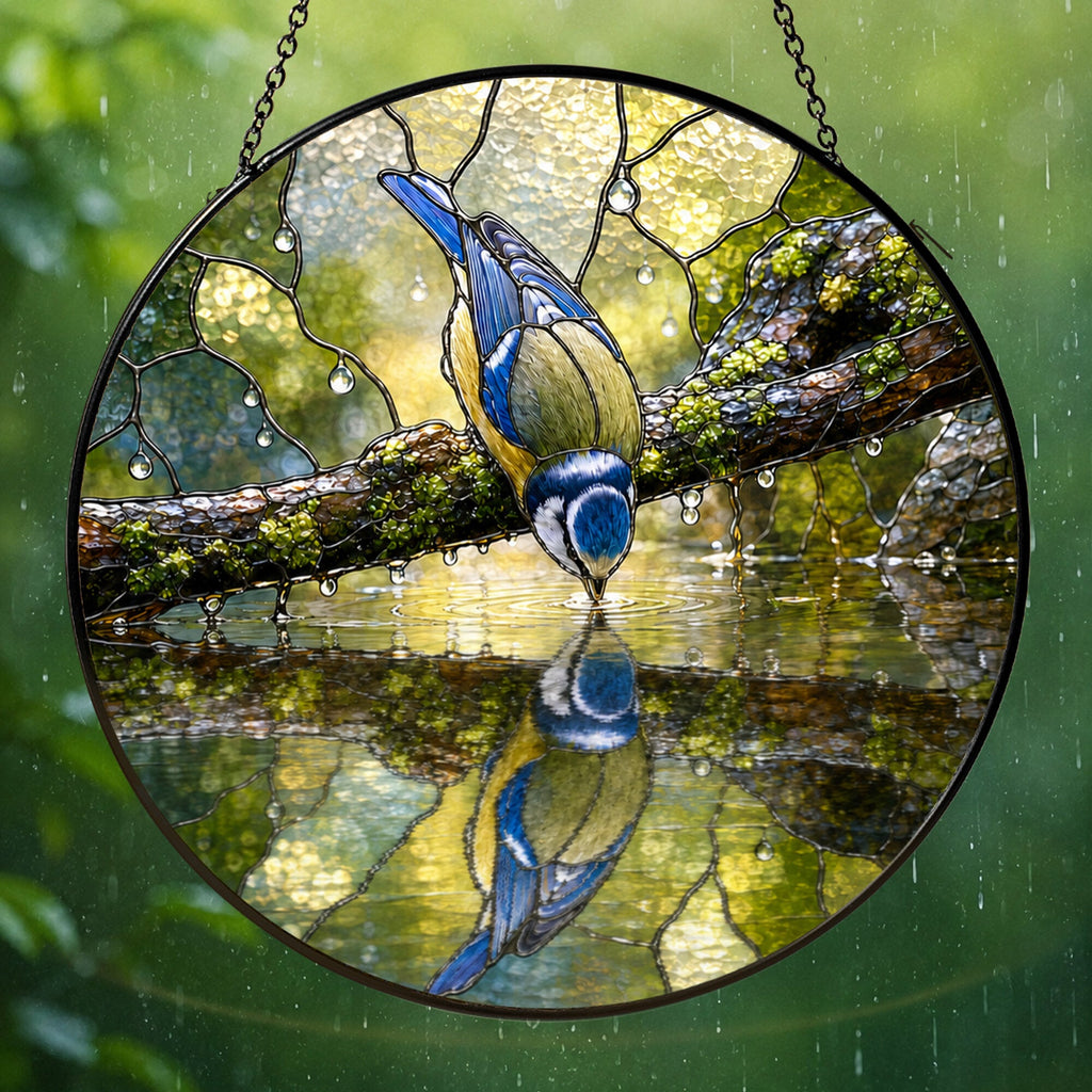 Blue Tit Reflection Stained Glass Suncatcher