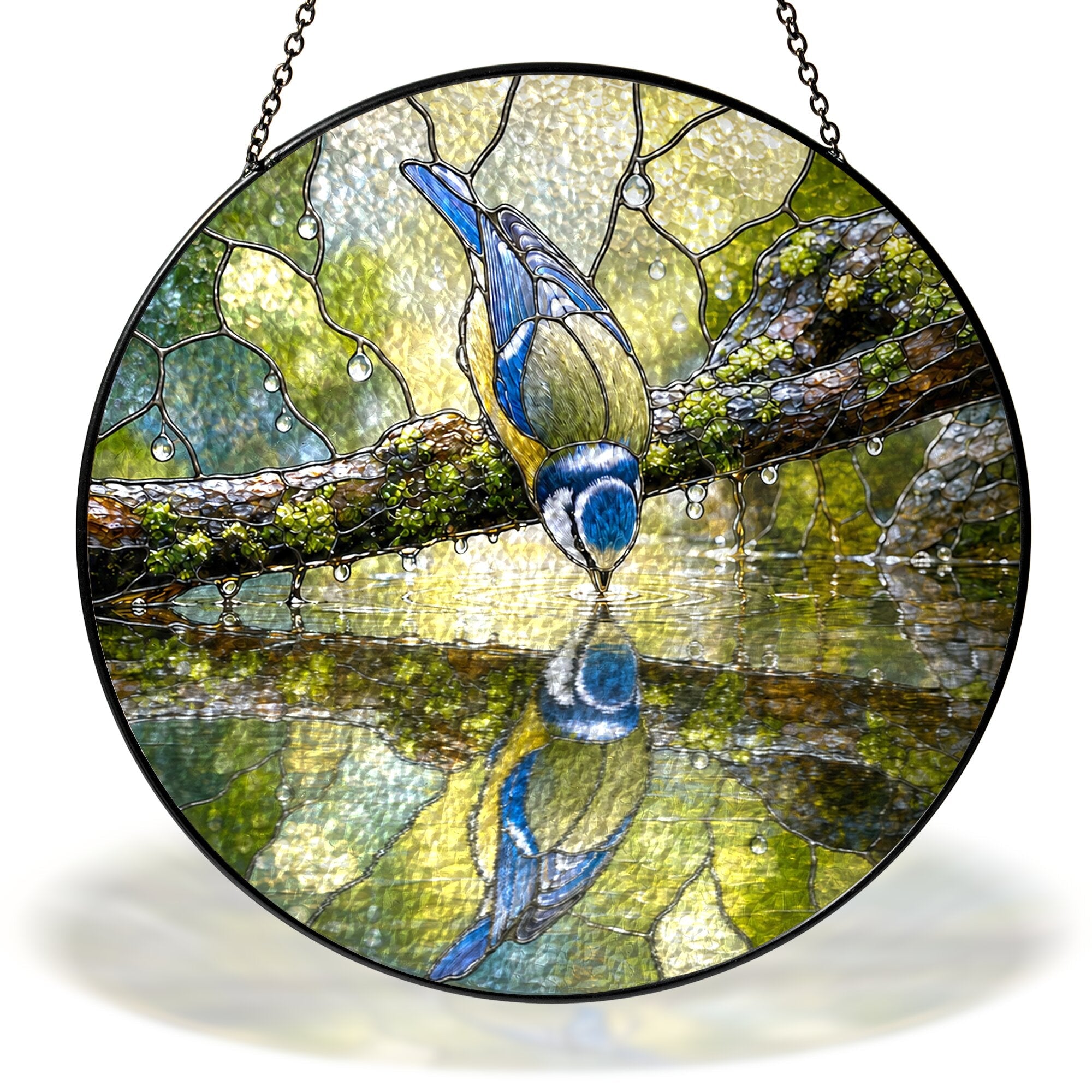 Blue Tit Reflection Stained Glass Suncatcher