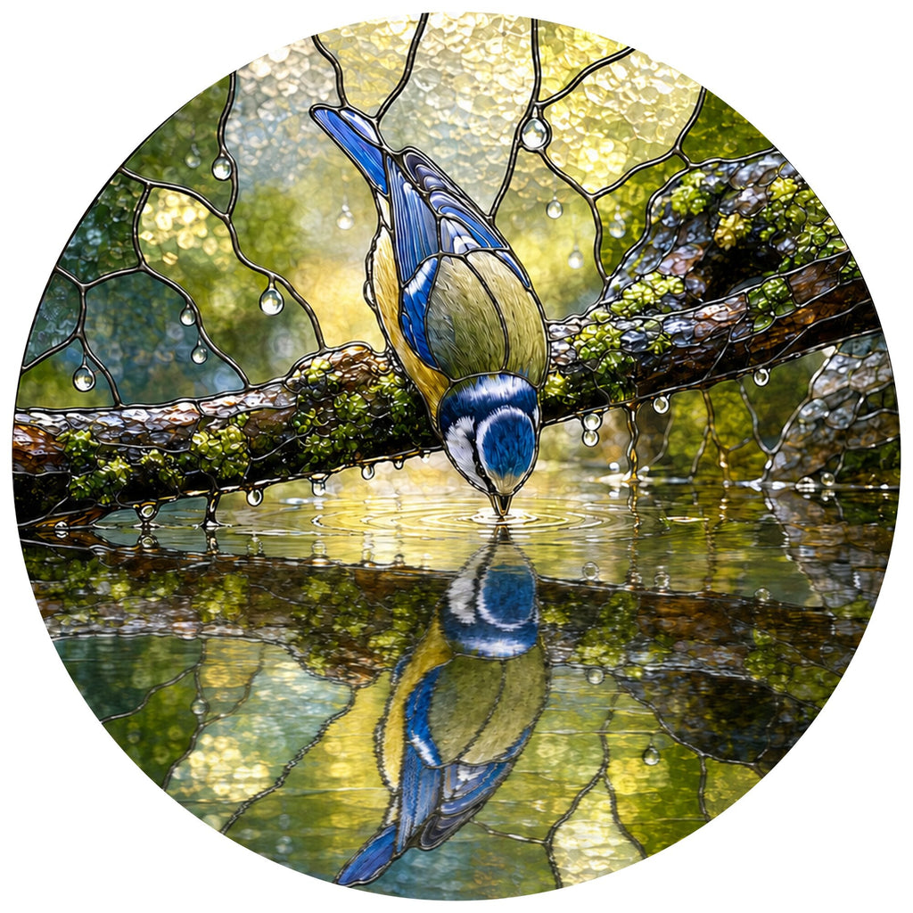 Blue Tit Reflection Stained Glass Suncatcher