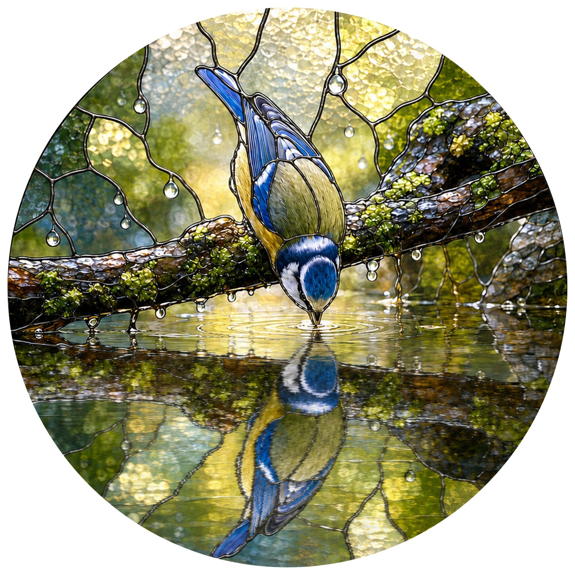 Blue Tit Reflection Stained Glass Suncatcher