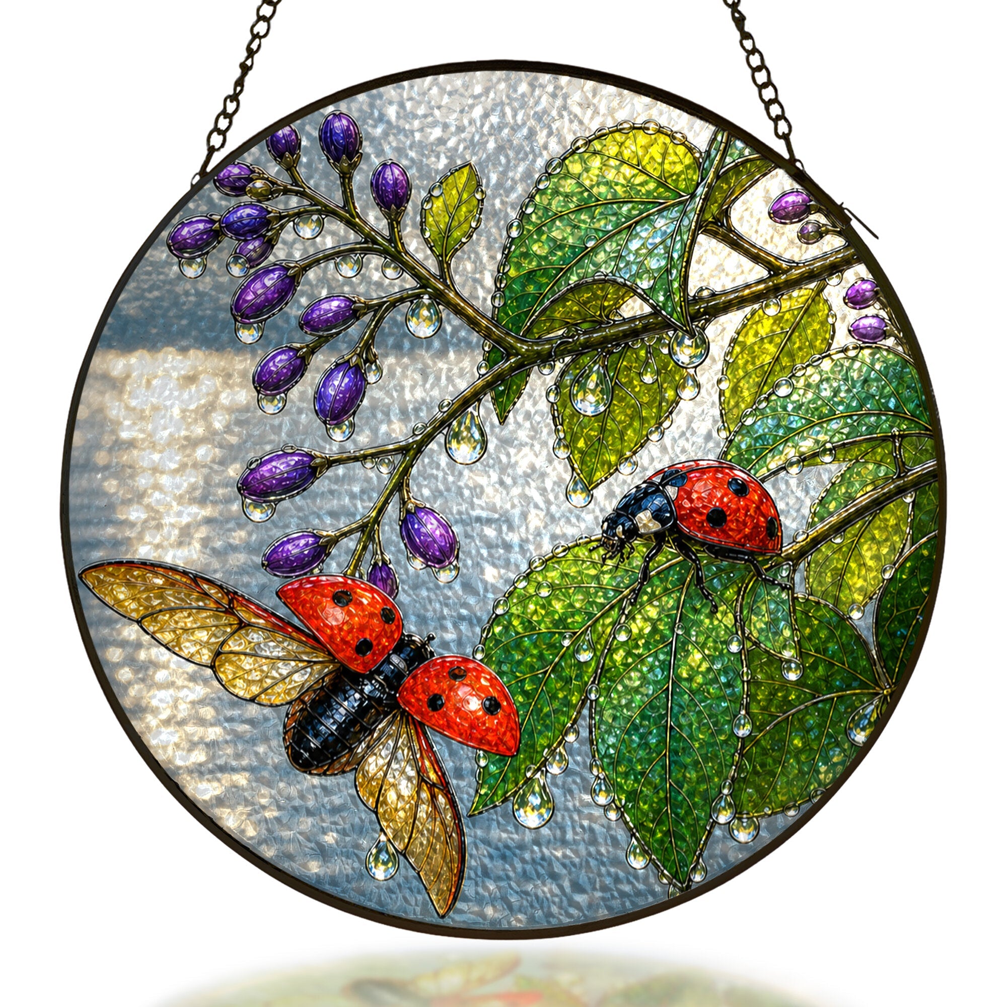 Ladybugs and purple beautyberry stained glass suncatcher