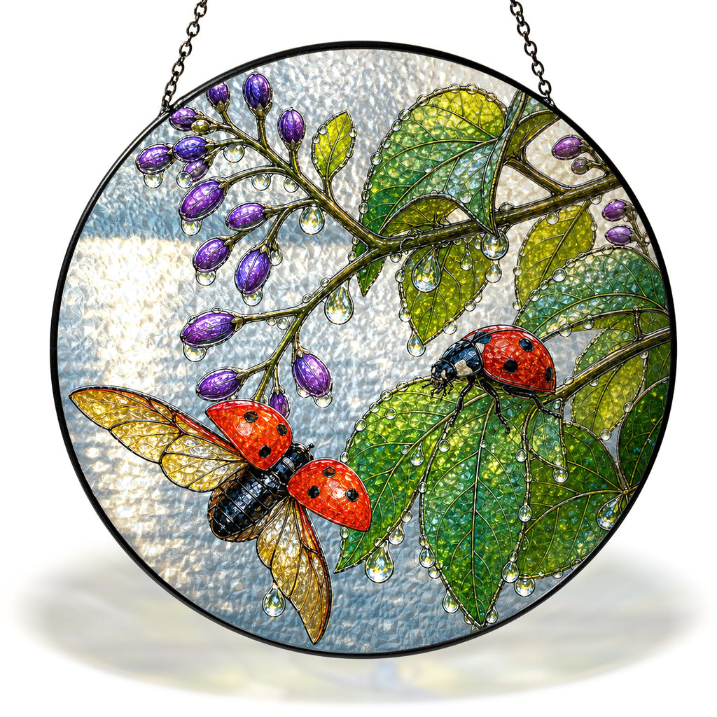 Ladybugs & Beautyberry Stained Glass Suncatcher