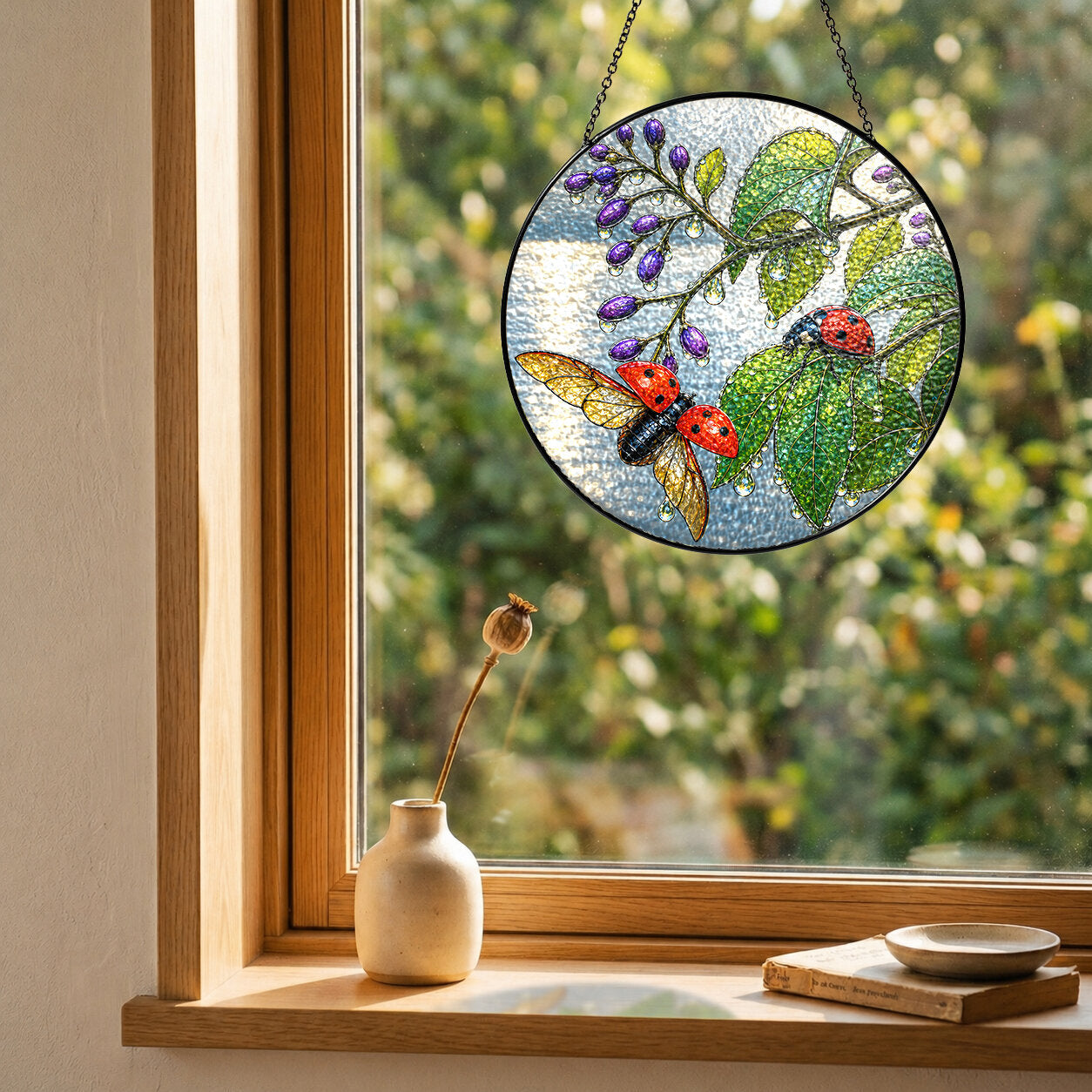 Ladybugs & Beautyberry Stained Glass Suncatcher