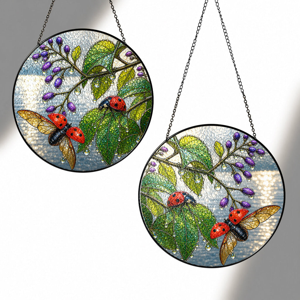Ladybugs & Beautyberry Stained Glass Suncatcher