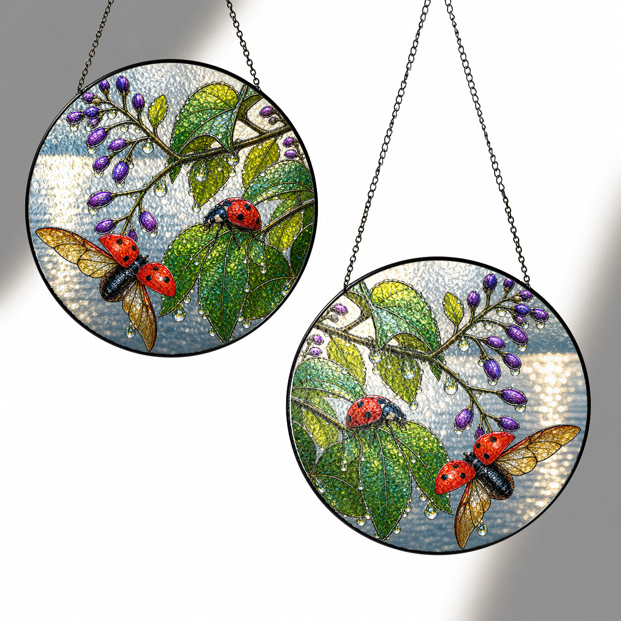 Ladybugs & Beautyberry Stained Glass Suncatcher