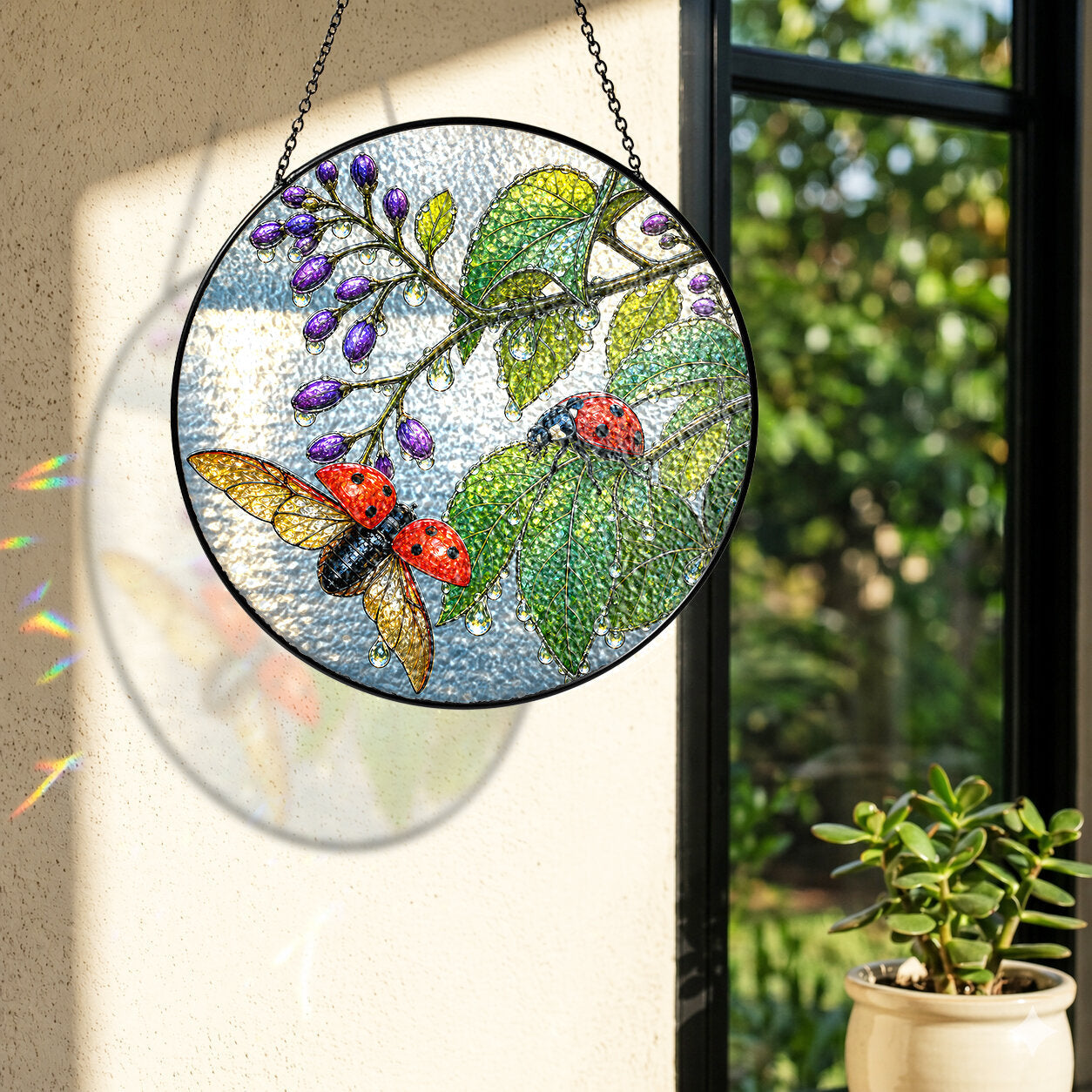 Ladybugs & Beautyberry Stained Glass Suncatcher