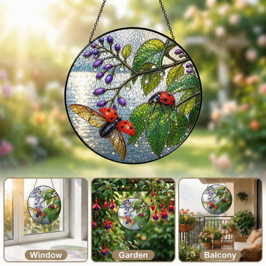 Ladybugs & Beautyberry Stained Glass Suncatcher
