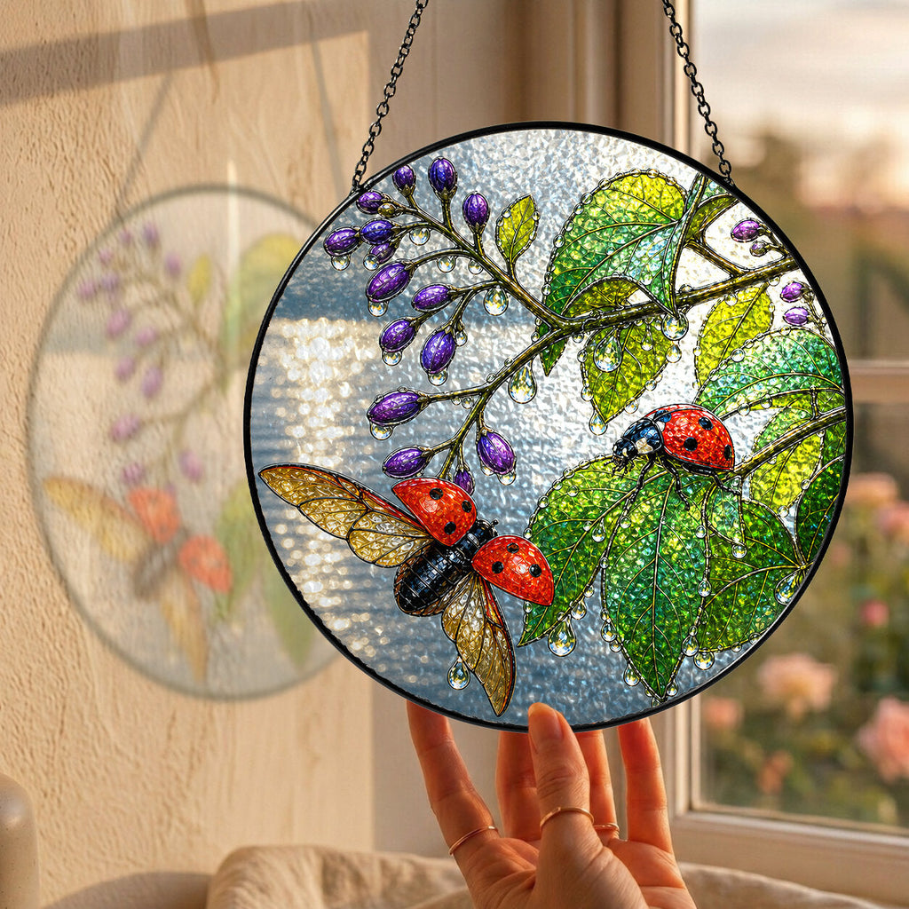 Ladybugs & Beautyberry Stained Glass Suncatcher