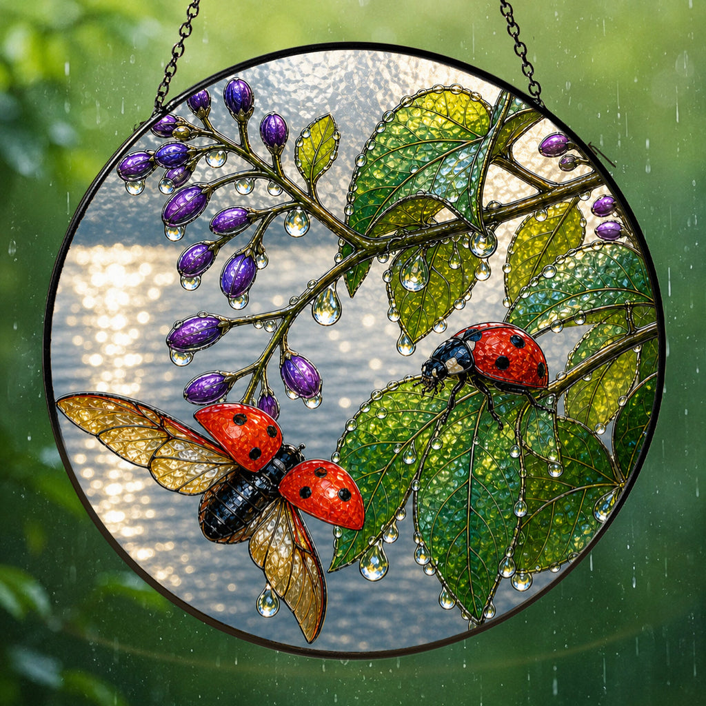 Ladybugs & Beautyberry Stained Glass Suncatcher