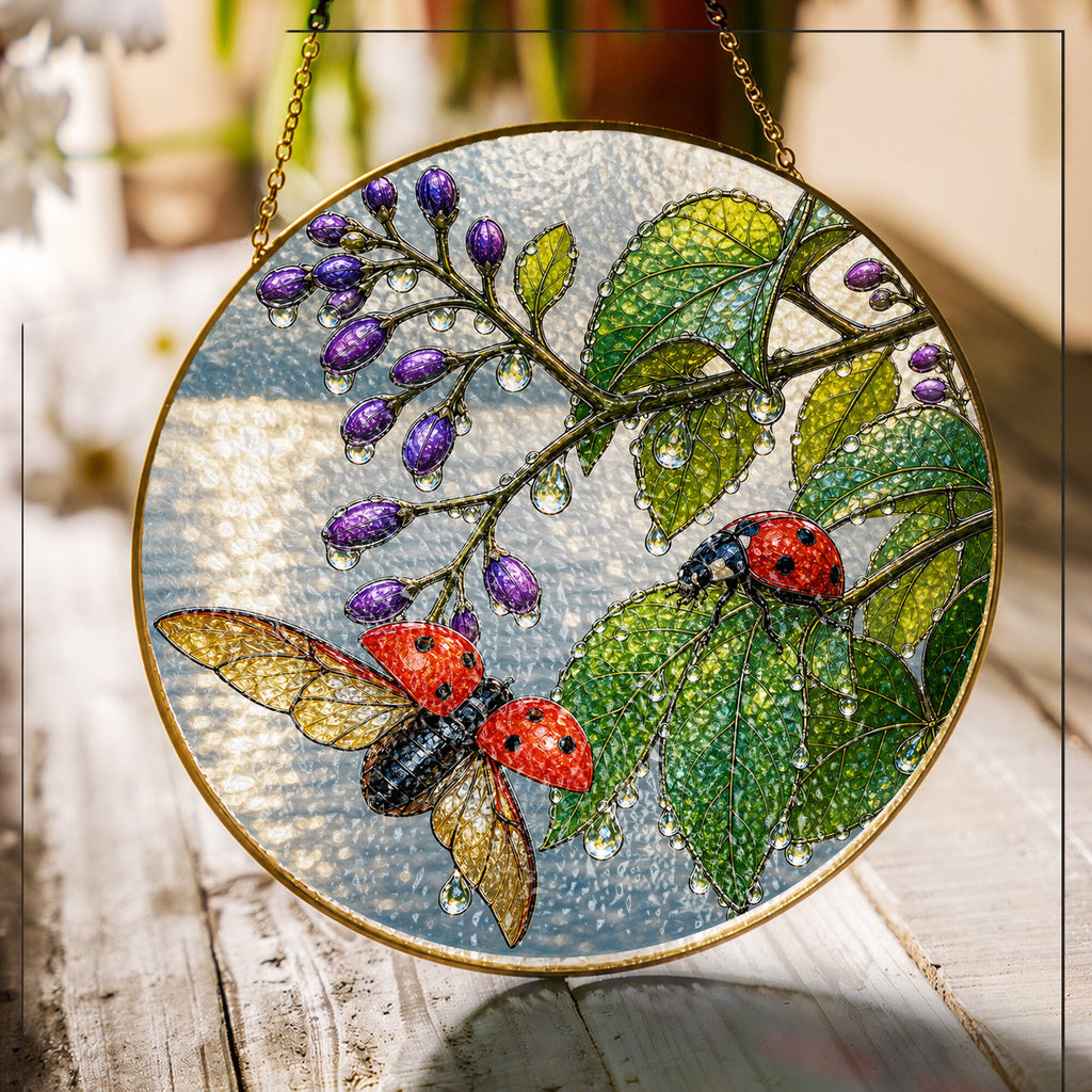 Ladybugs & Beautyberry Stained Glass Suncatcher