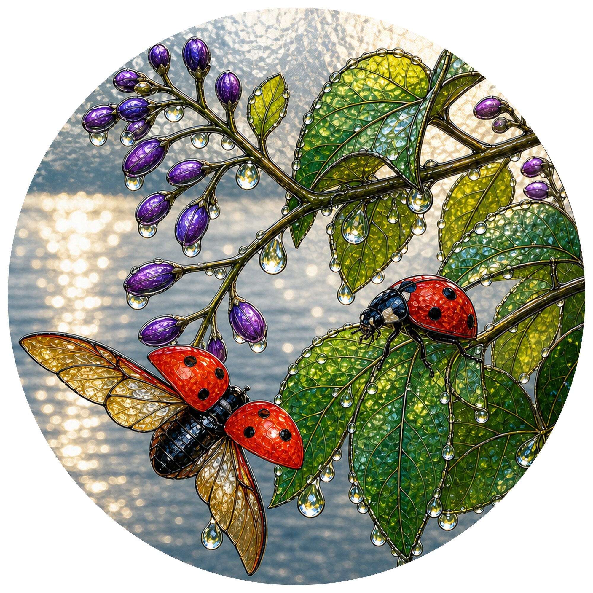 Ladybugs & Beautyberry Stained Glass Suncatcher