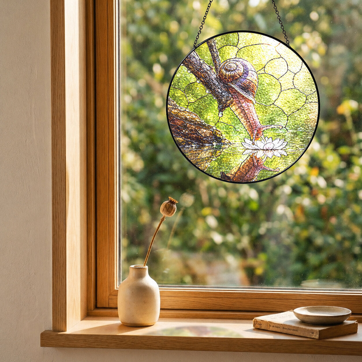 Snail & Water Lily Stained Glass Suncatcher
