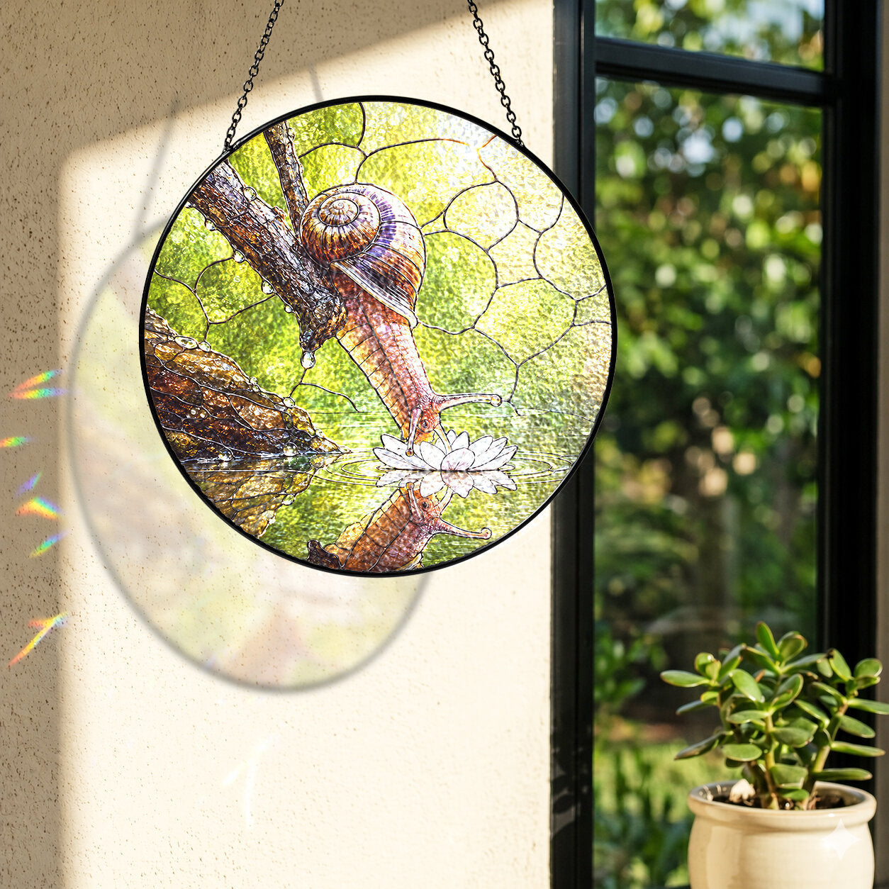 Snail & Water Lily Stained Glass Suncatcher