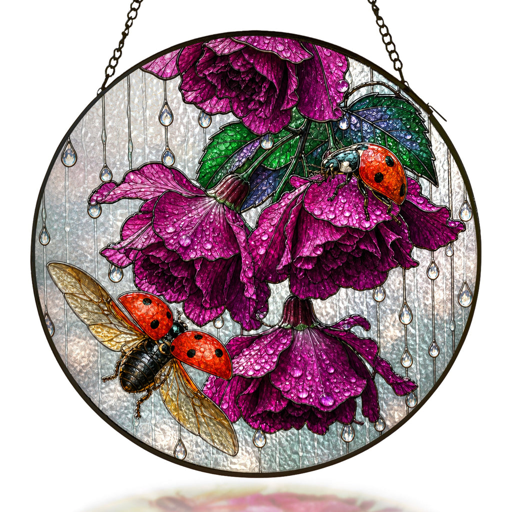 Ladybug and magenta roses stained glass suncatcher