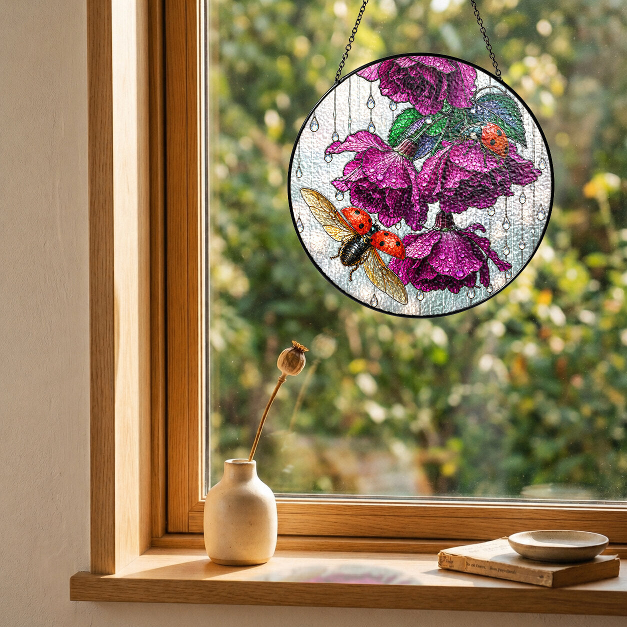 Ladybug & Magenta Roses Stained Glass Suncatcher