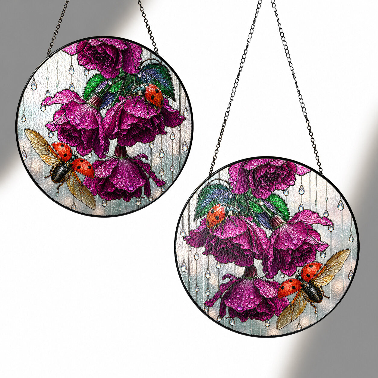 Ladybug & Magenta Roses Stained Glass Suncatcher