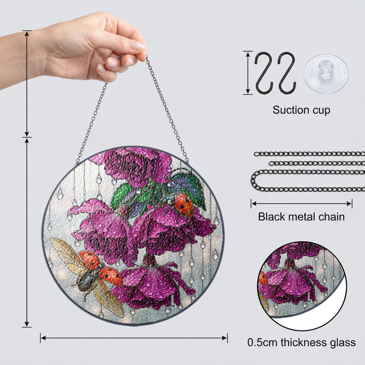 Ladybug & Magenta Roses Stained Glass Suncatcher
