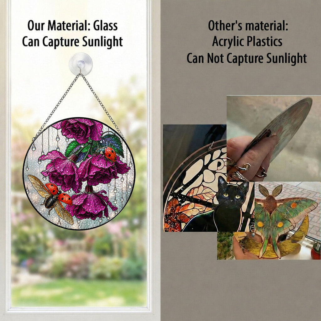 Ladybug & Magenta Roses Stained Glass Suncatcher