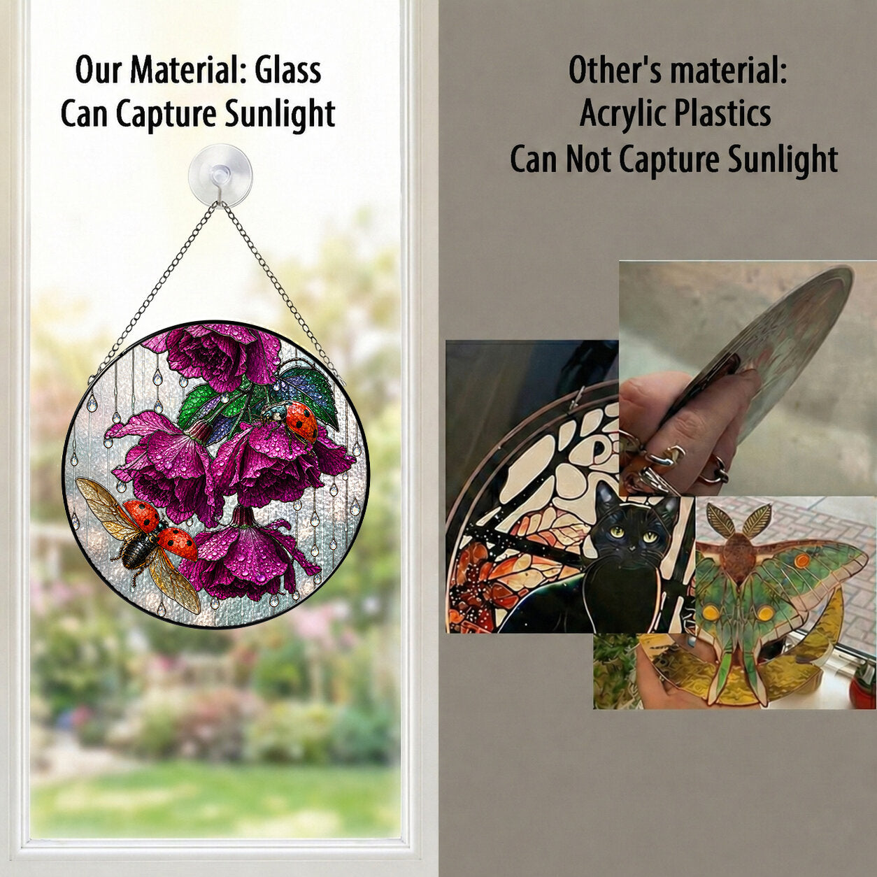 Ladybug & Magenta Roses Stained Glass Suncatcher